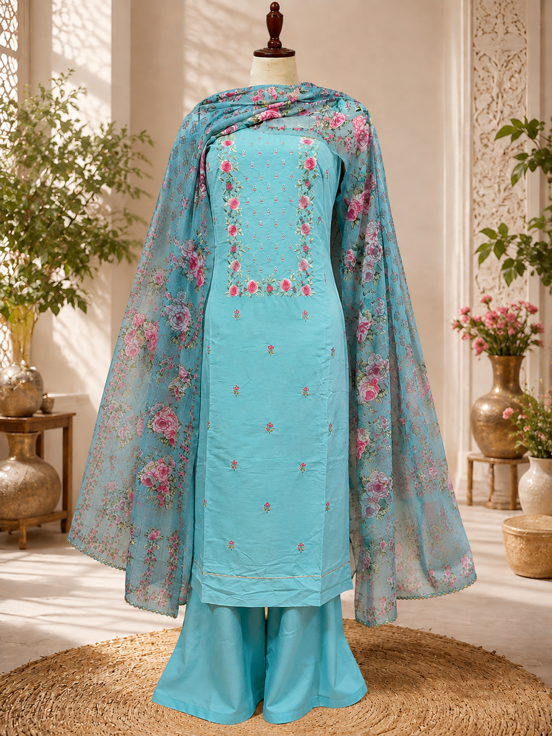Muslin silk semi stitched embroiderd suit