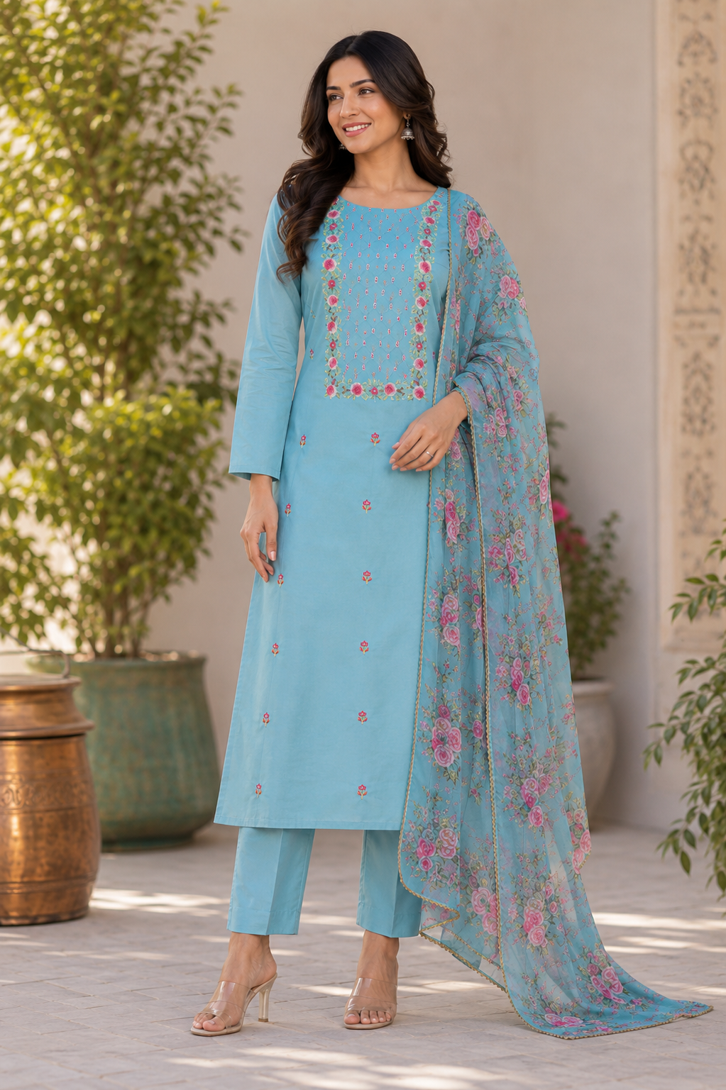 Muslin silk semi stitched embroiderd suit