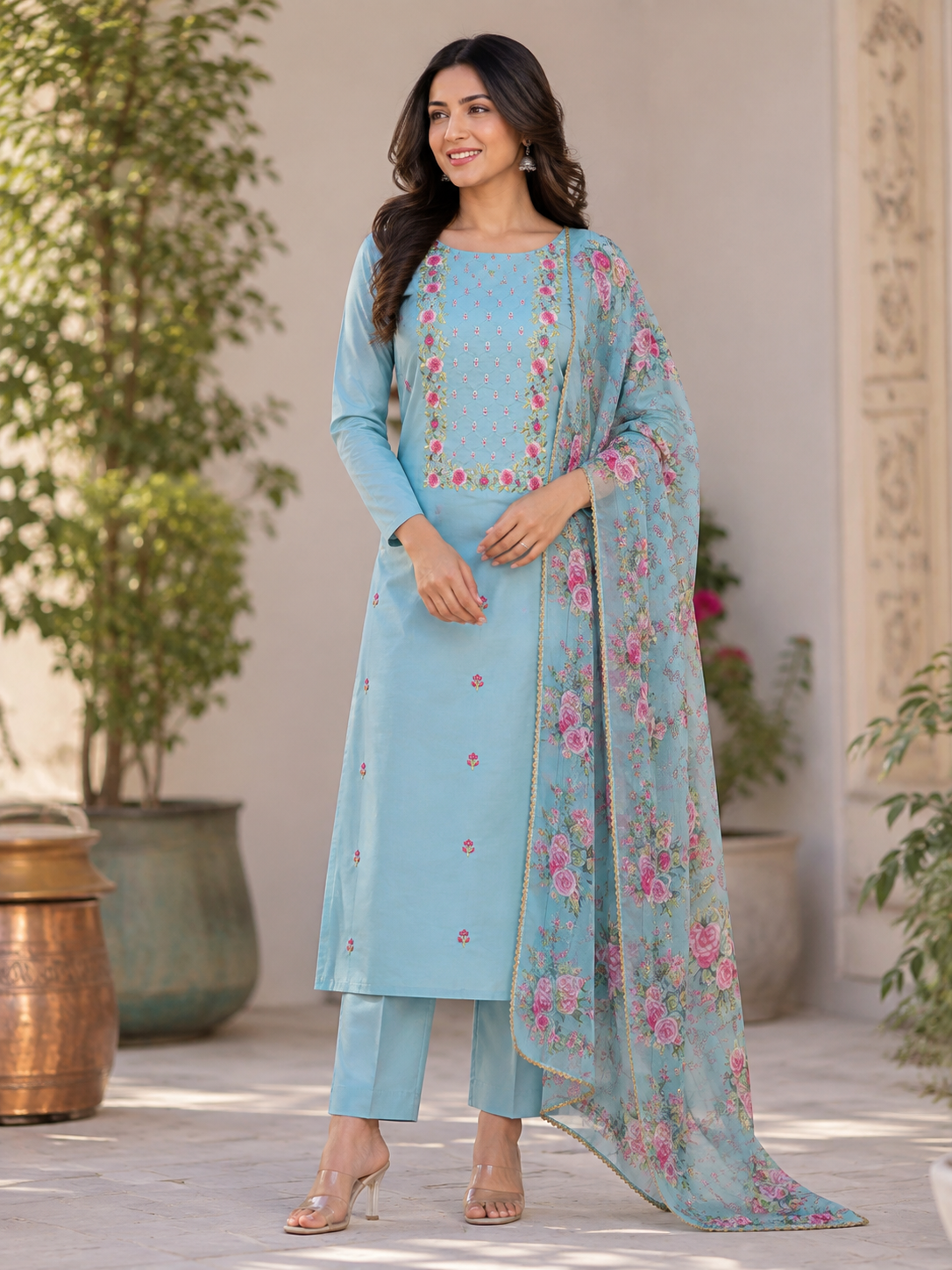Muslin silk semi stitched embroiderd suit