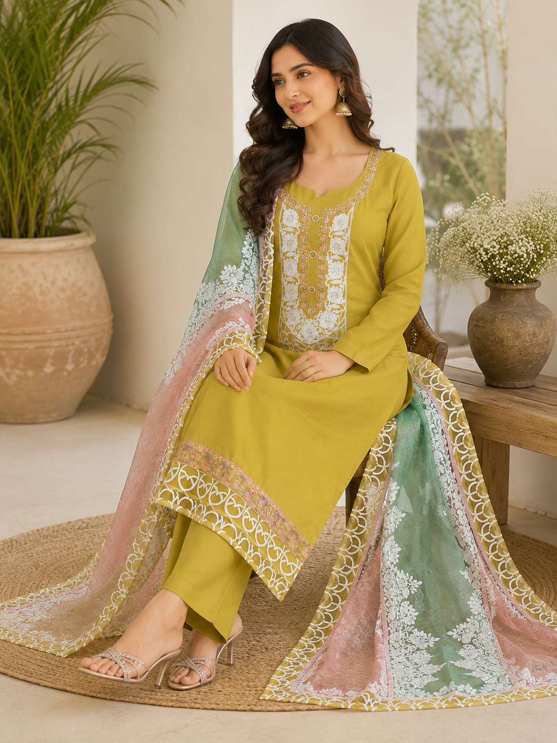 Cotton designer semi stitched suit with organza designer dupatta