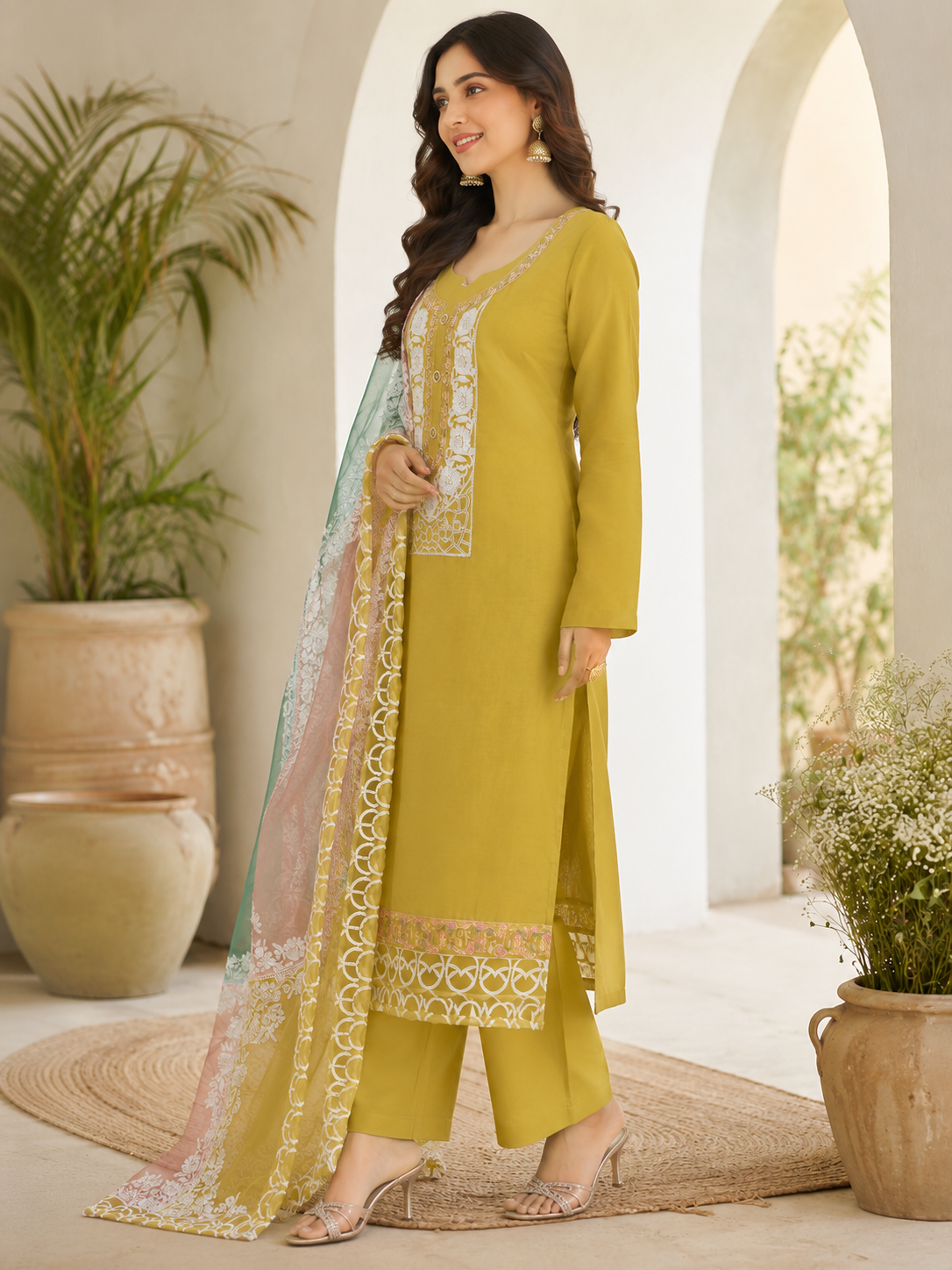 Cotton designer semi stitched suit with organza designer dupatta