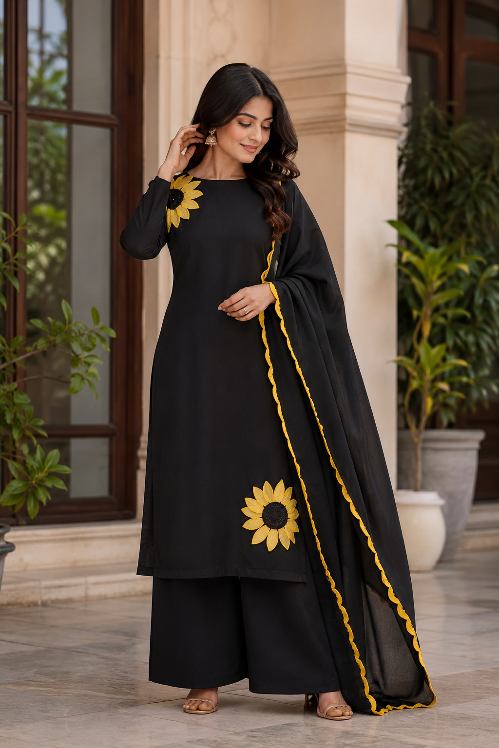 🌻 Midnight Sunflower – Premium Cotton Unstitched Suit Set