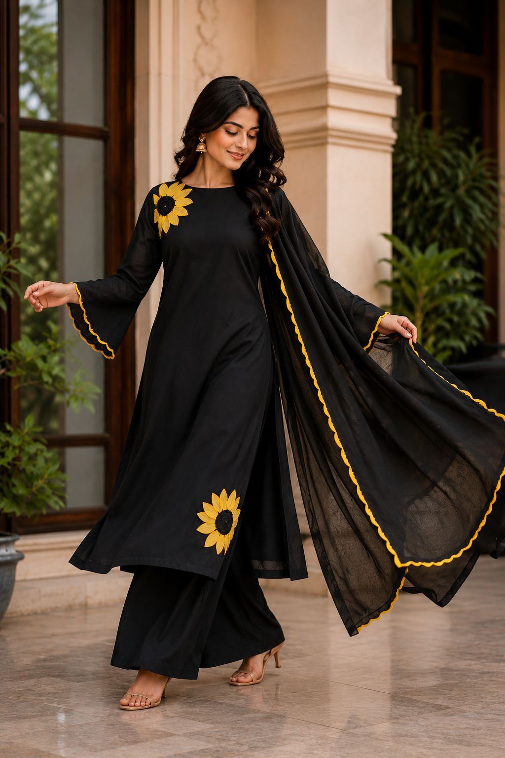 🌻 Midnight Sunflower – Premium Cotton Unstitched Suit Set
