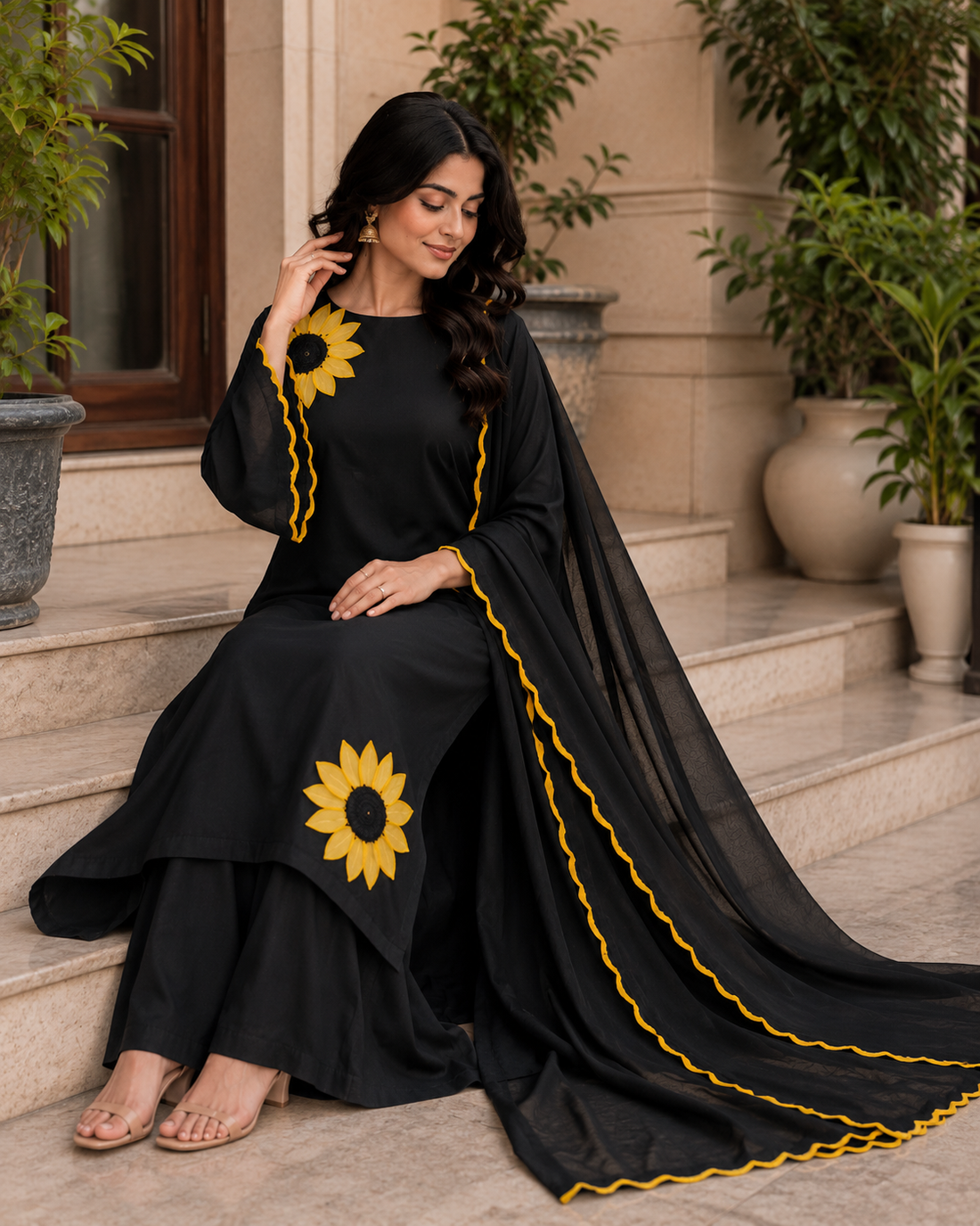 🌻 Midnight Sunflower – Premium Cotton Unstitched Suit Set