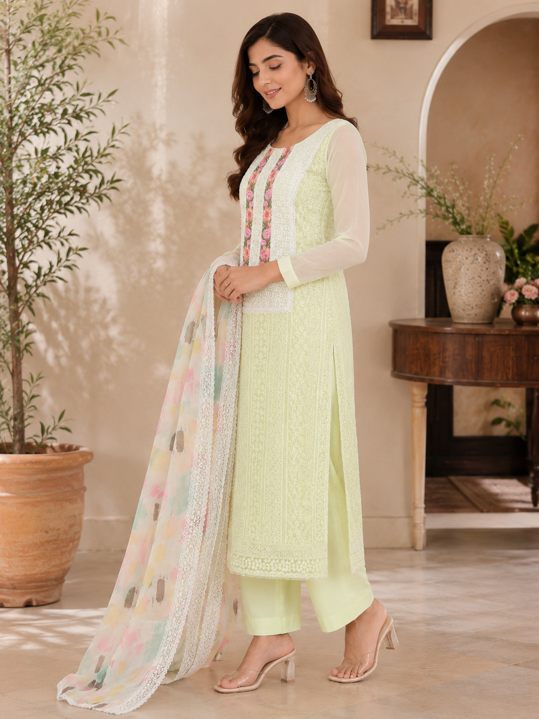 Premium Georgette Lucknowi Work Semi-Stitched Suit Set