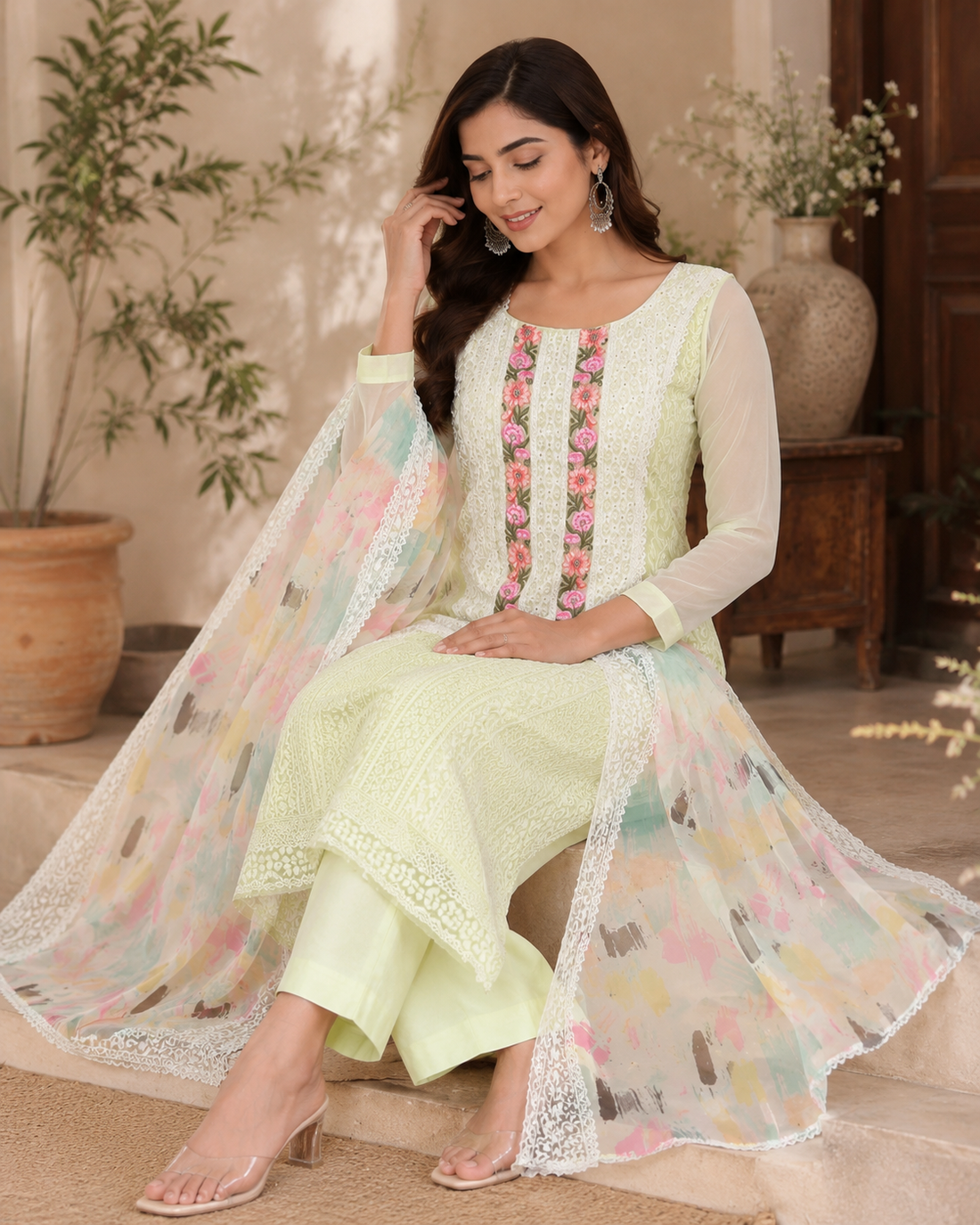 Premium Georgette Lucknowi Work Semi-Stitched Suit Set