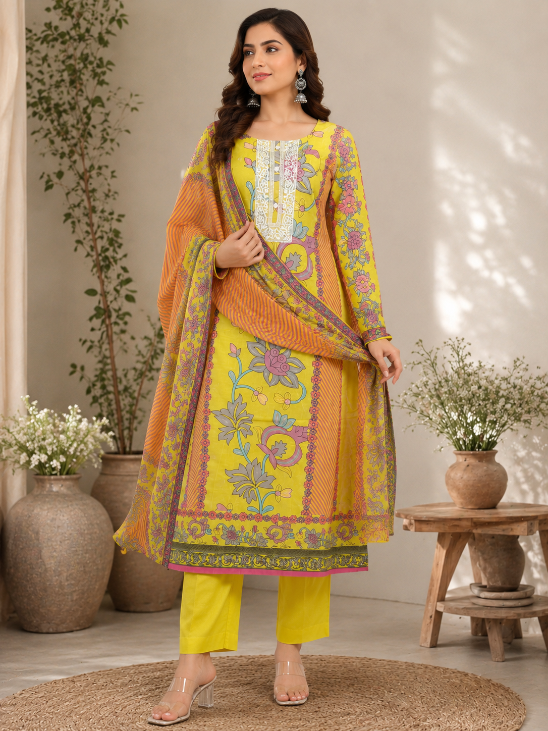 Pure cotton designer print lace work yellow suit