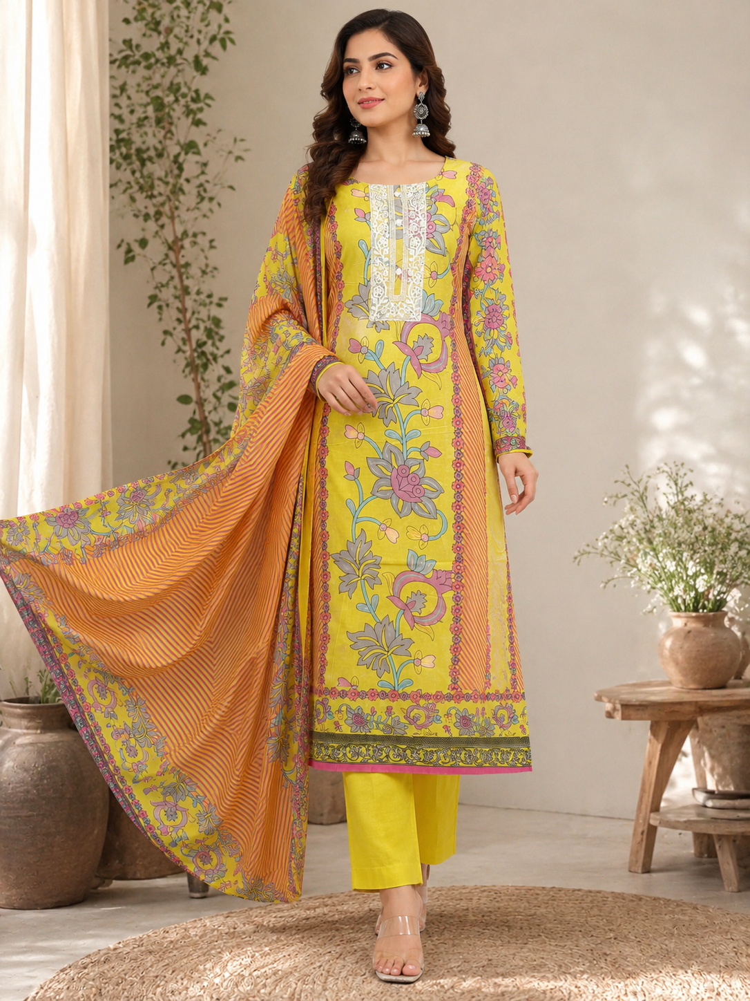 Pure cotton designer print lace work yellow suit