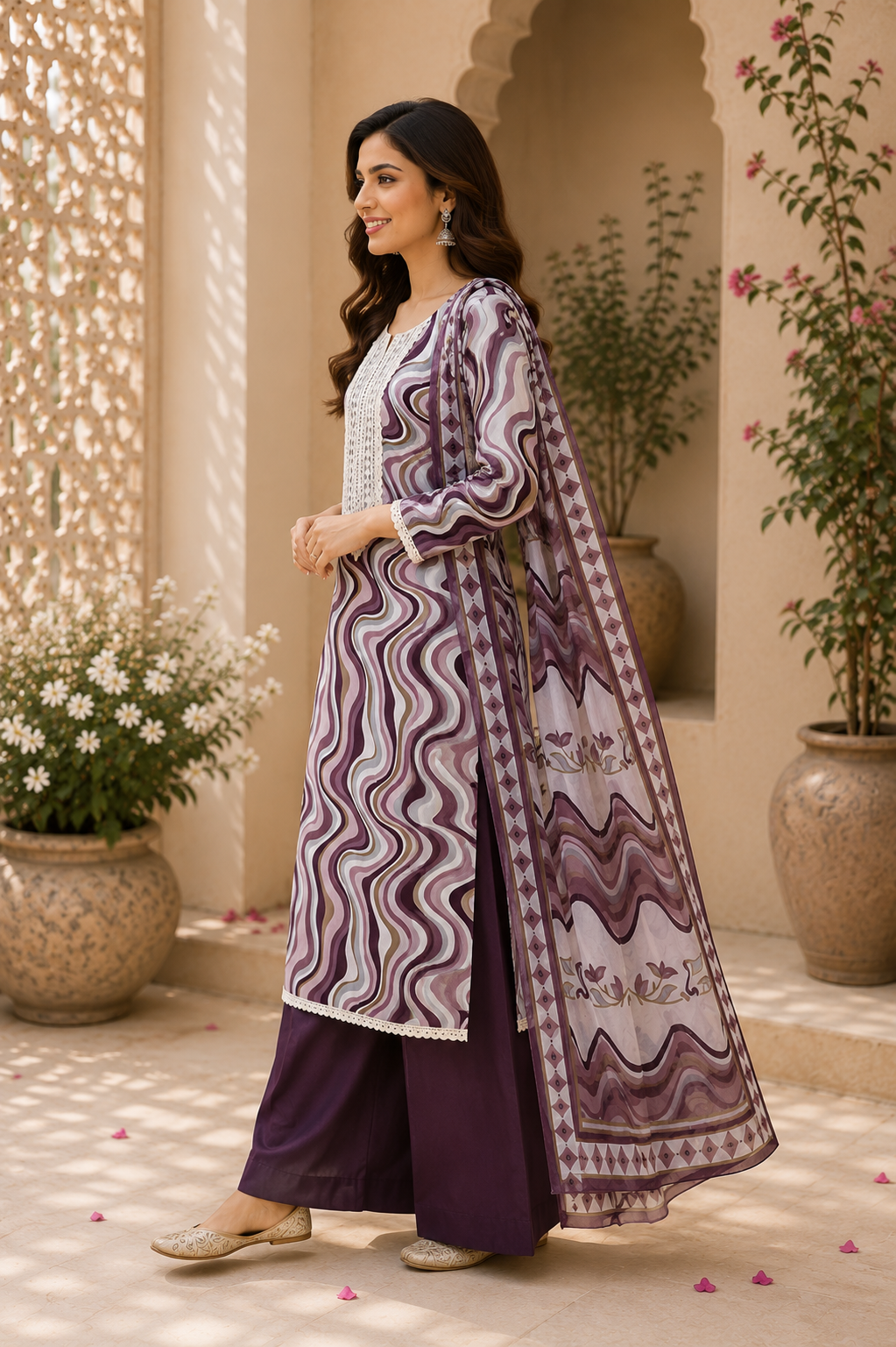 Cotton designer print lace work suit