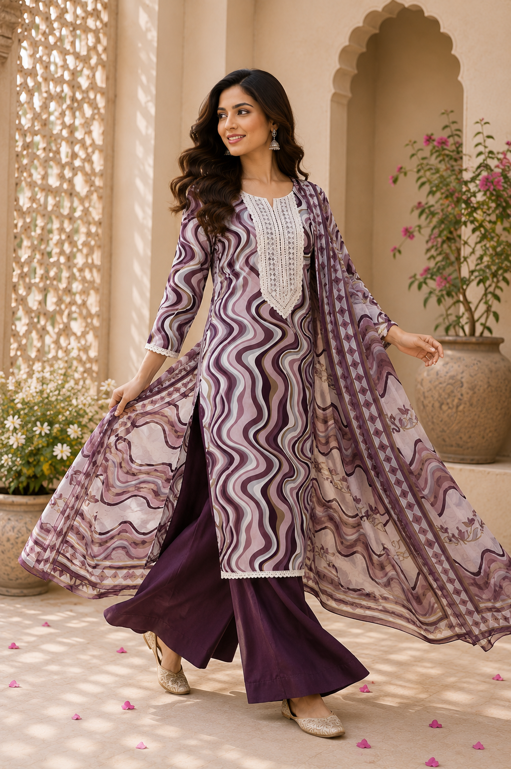 Cotton designer print lace work suit