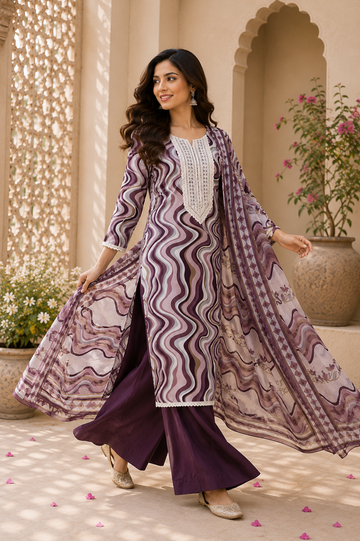 Cotton designer print lace work suit