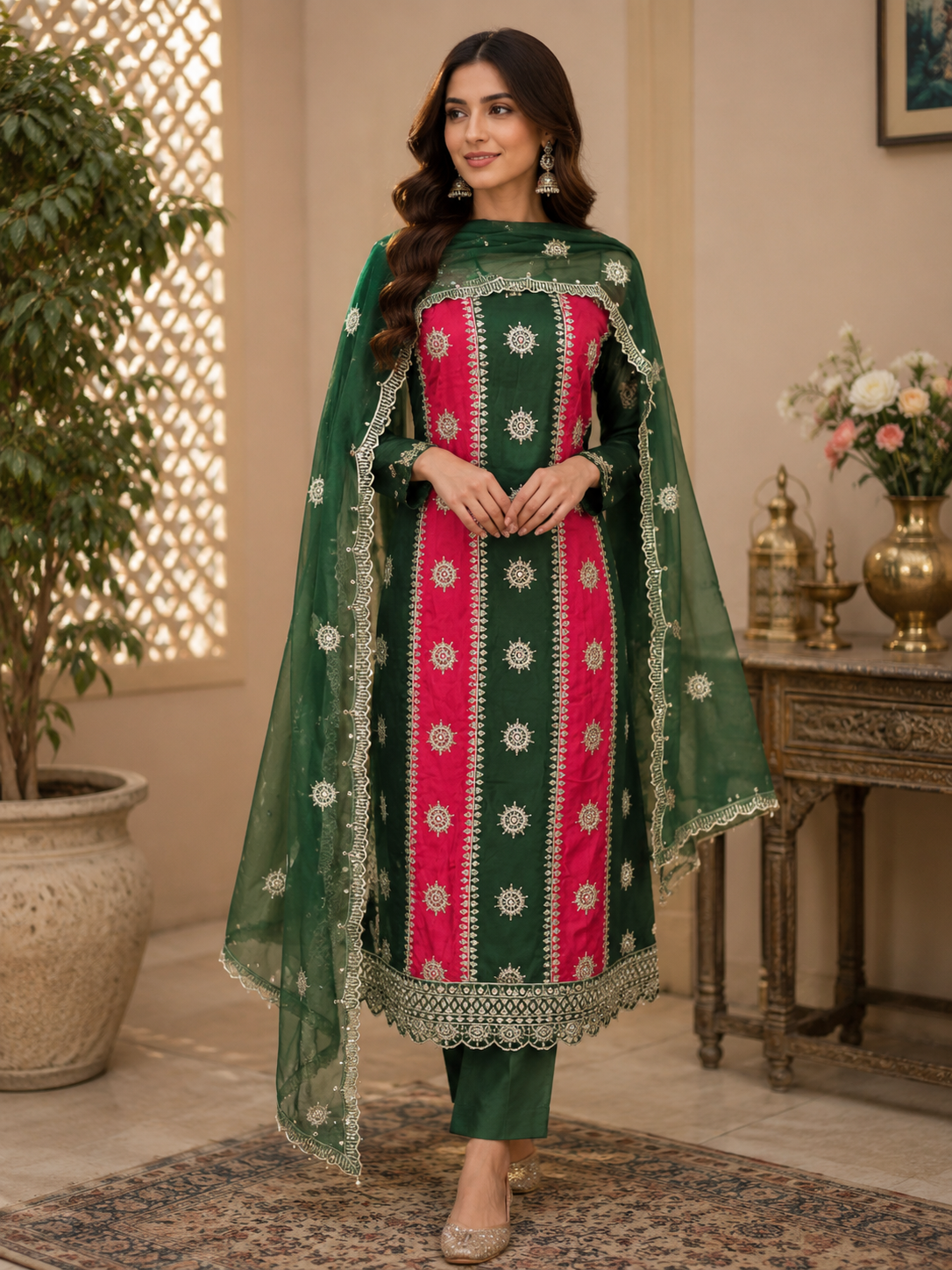 Pure galce cotton party wear heavy embroidered suit