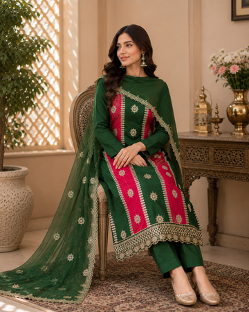 Pure galce cotton party wear heavy embroidered suit