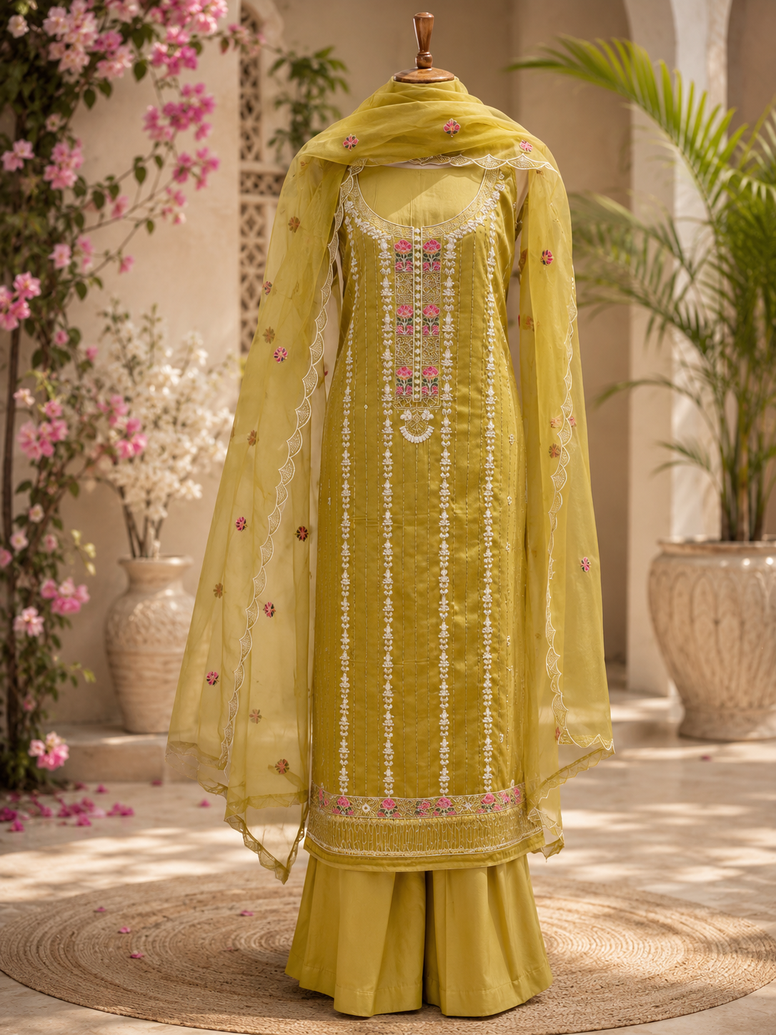 Glace cotton embroidered designer fancy suit