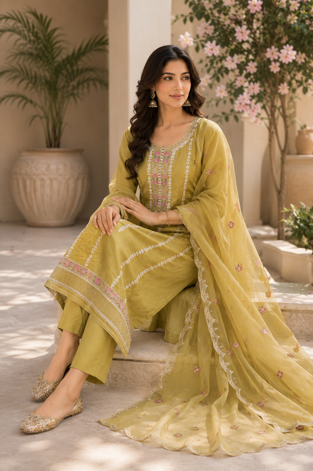 Glace cotton embroidered designer fancy suit