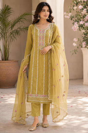 Glace cotton embroidered designer fancy suit