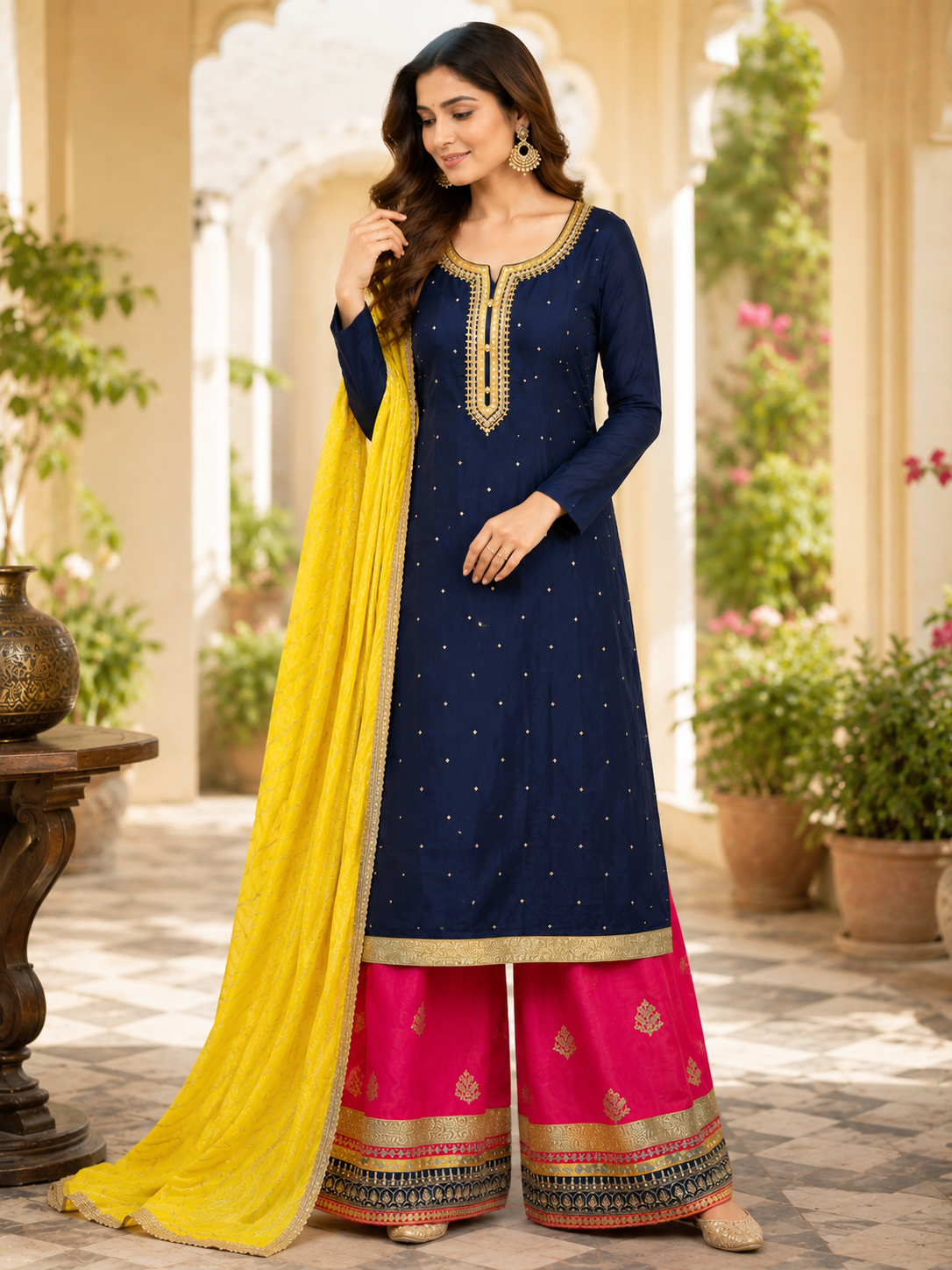 Blue Embroidered  Suit with Pink Dupatta Women's Indian Ethnic Wedding Wear