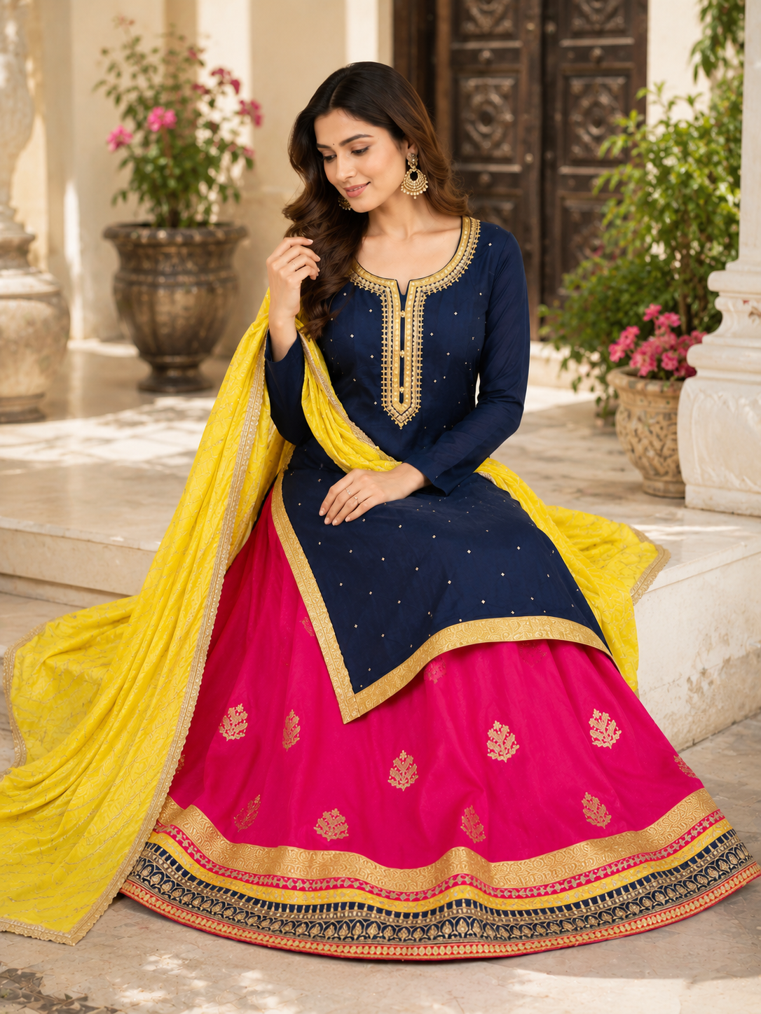 Blue Embroidered  Suit with Pink Dupatta Women's Indian Ethnic Wedding Wear