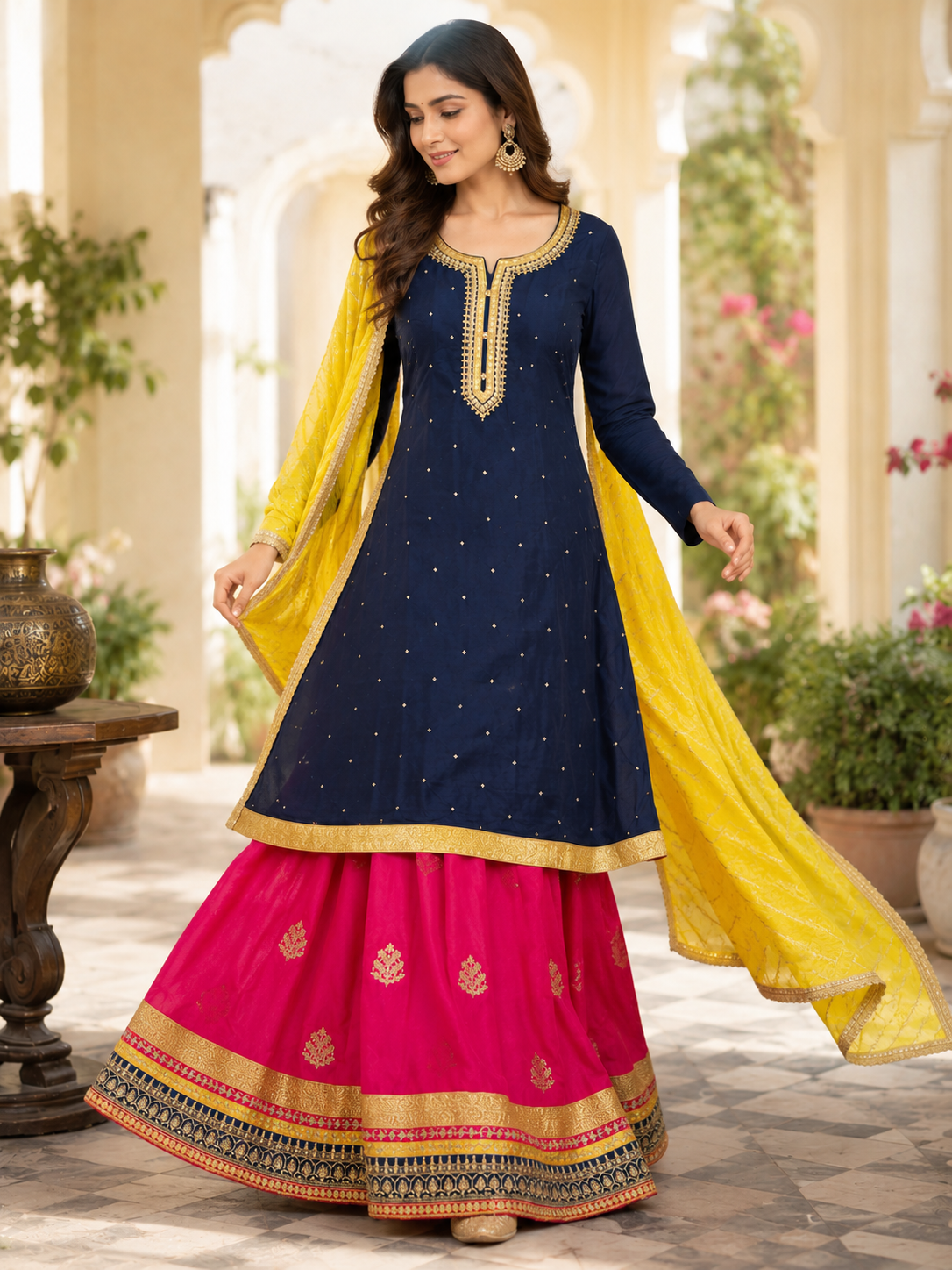 Blue Embroidered  Suit with Pink Dupatta Women's Indian Ethnic Wedding Wear