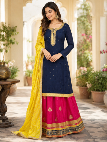 Blue Embroidered  Suit with Pink Dupatta Women's Indian Ethnic Wedding Wear
