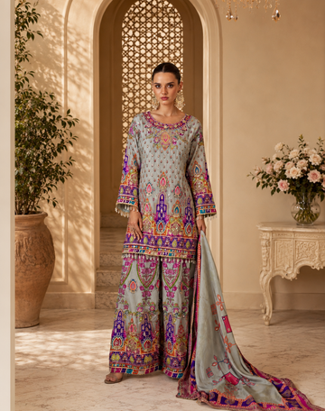 Embroidered Crepe Suit Set with Gotta Work, Pearl Sleeves, Festive Wear
