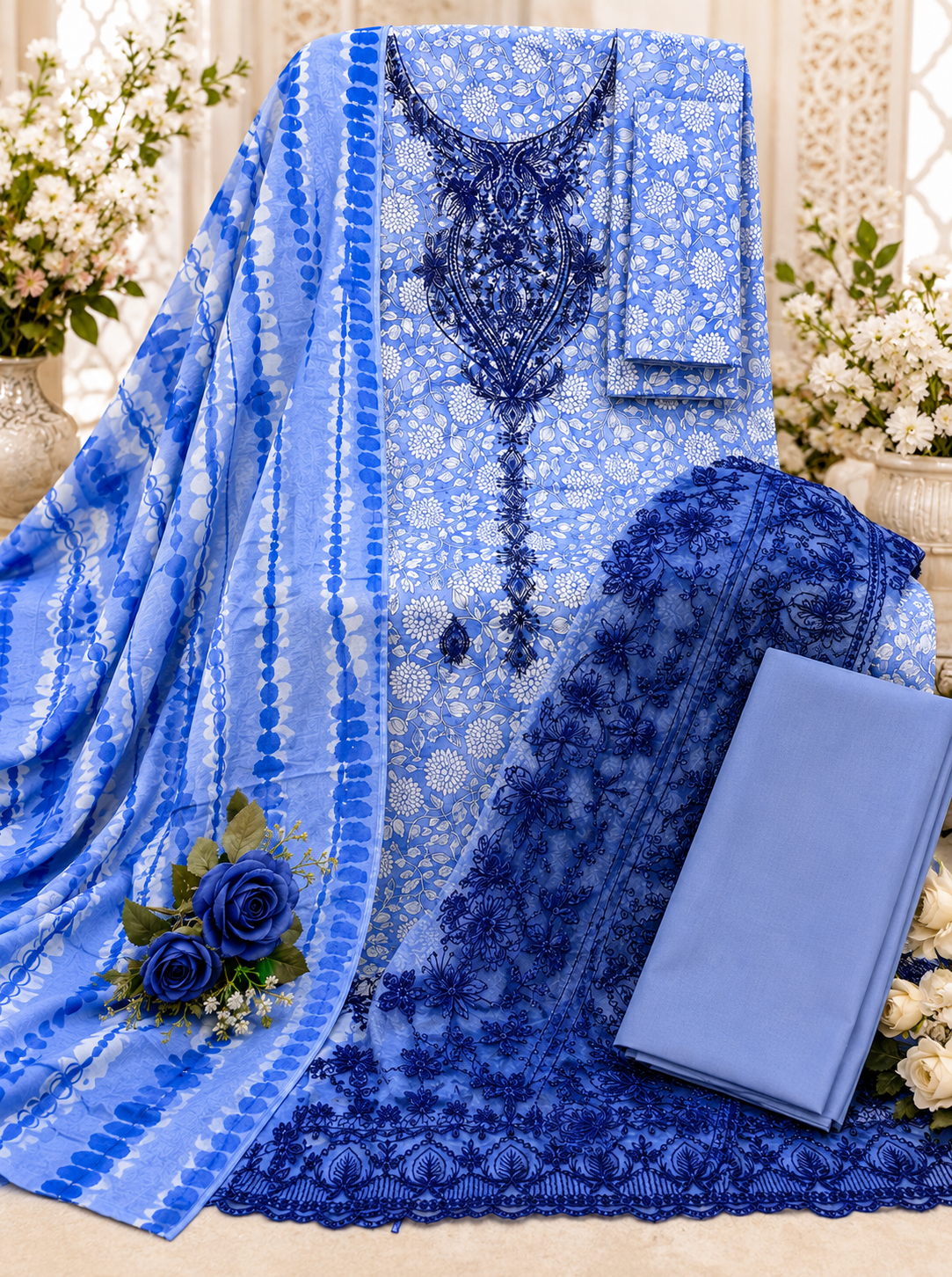 Pakistani style lawn cotton designer blue shade suit