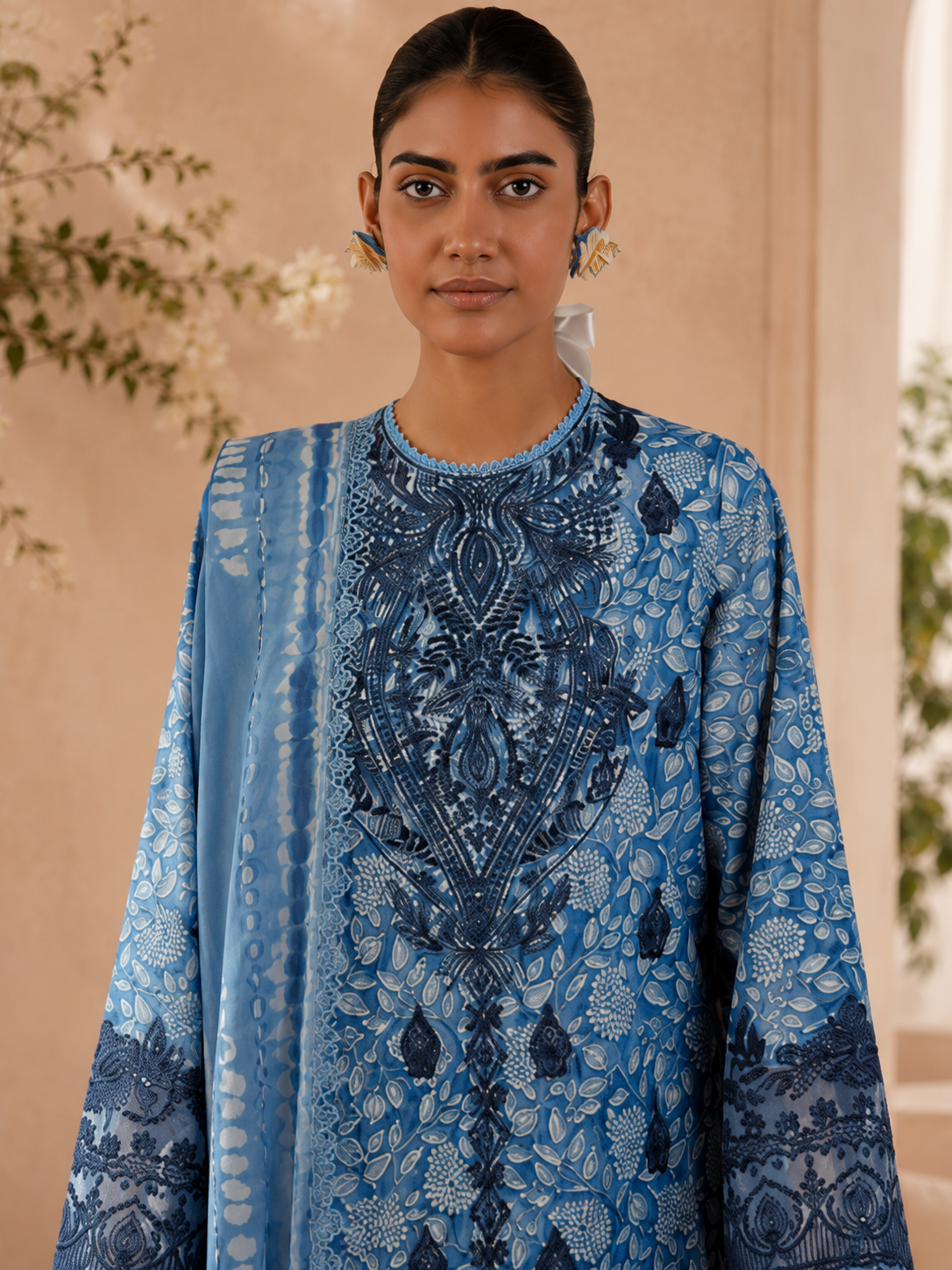 Pakistani style lawn cotton designer blue shade suit