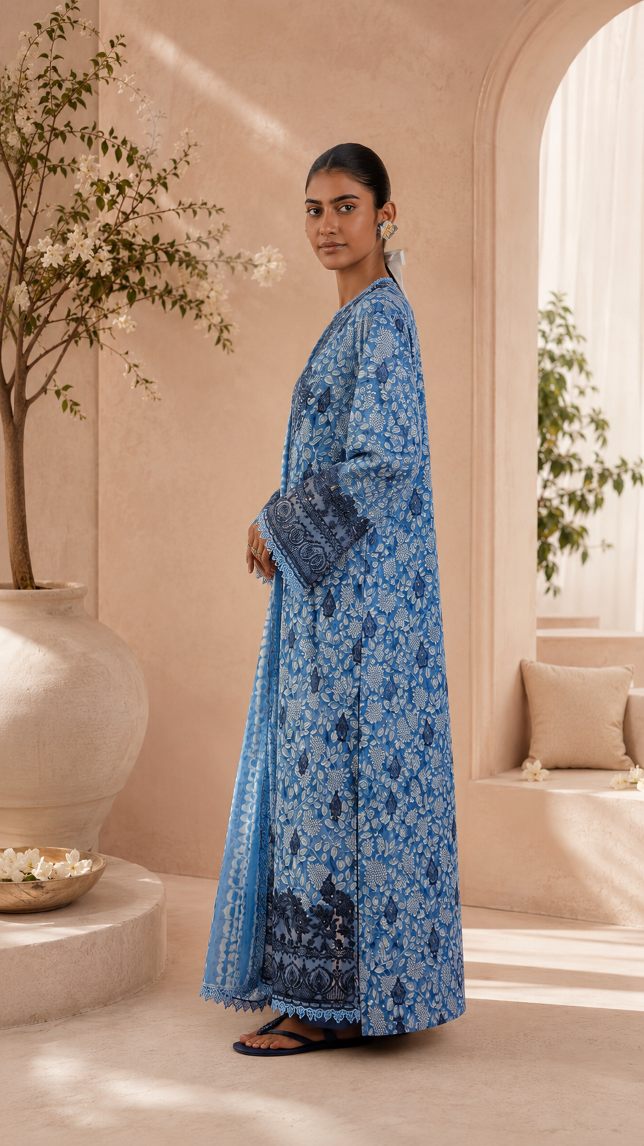 Pakistani style lawn cotton designer blue shade suit