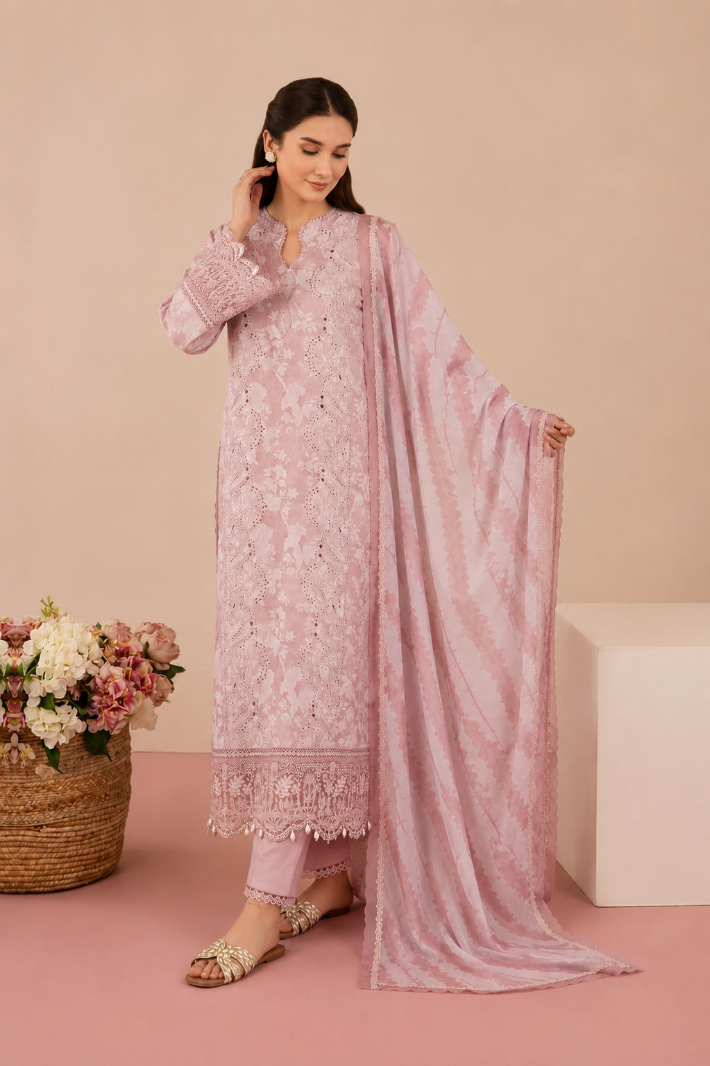 Pure lawn cotton embroidery with patch work english shade