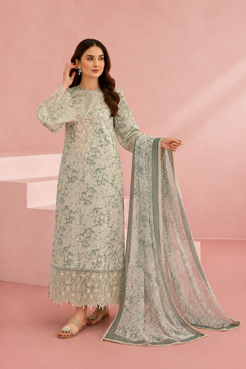 Pakistani style designer embroidered suit with work patch