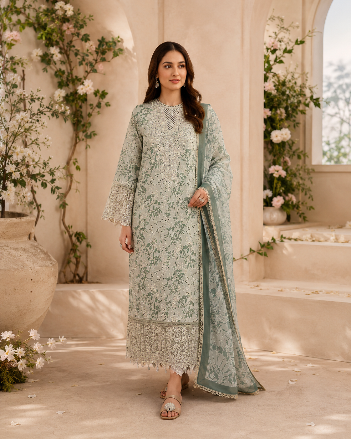 Pakistani style designer embroidered suit with work patch