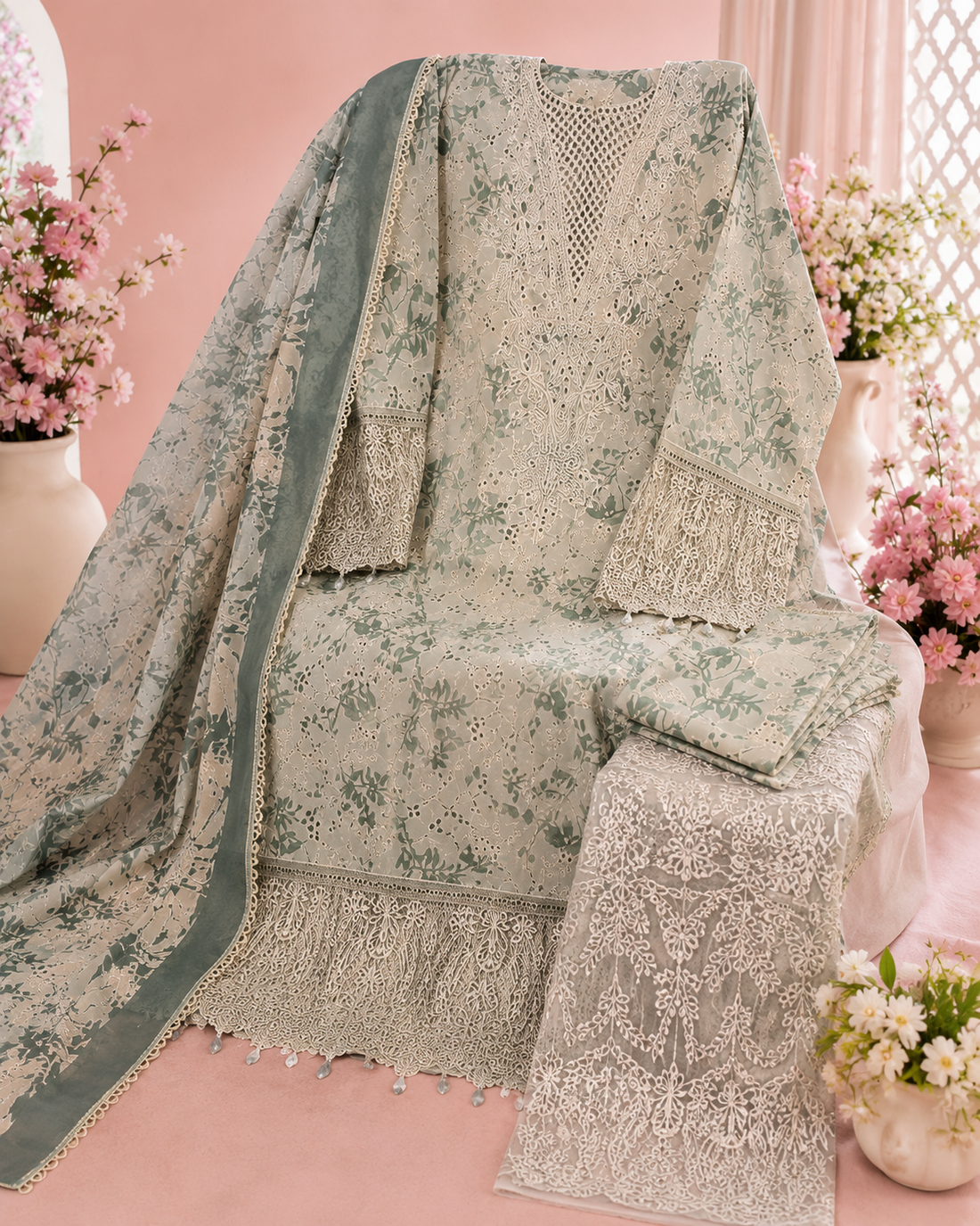 Pakistani style designer embroidered suit with work patch