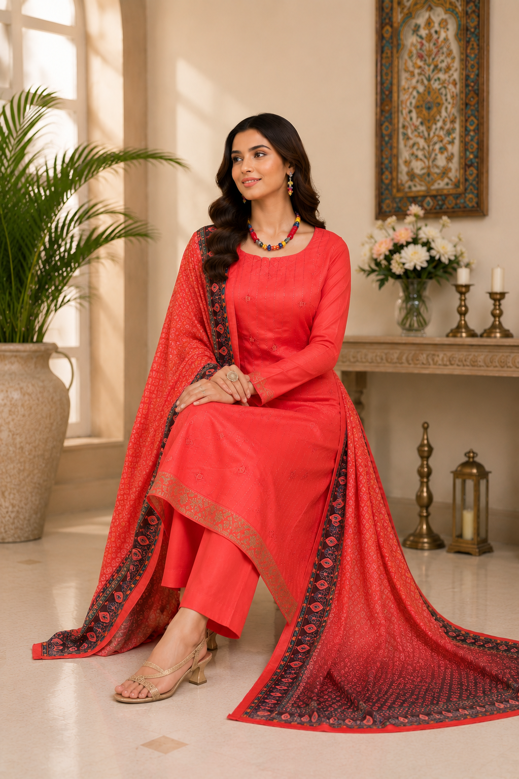 Muslin silk self embroidered designer classy suit