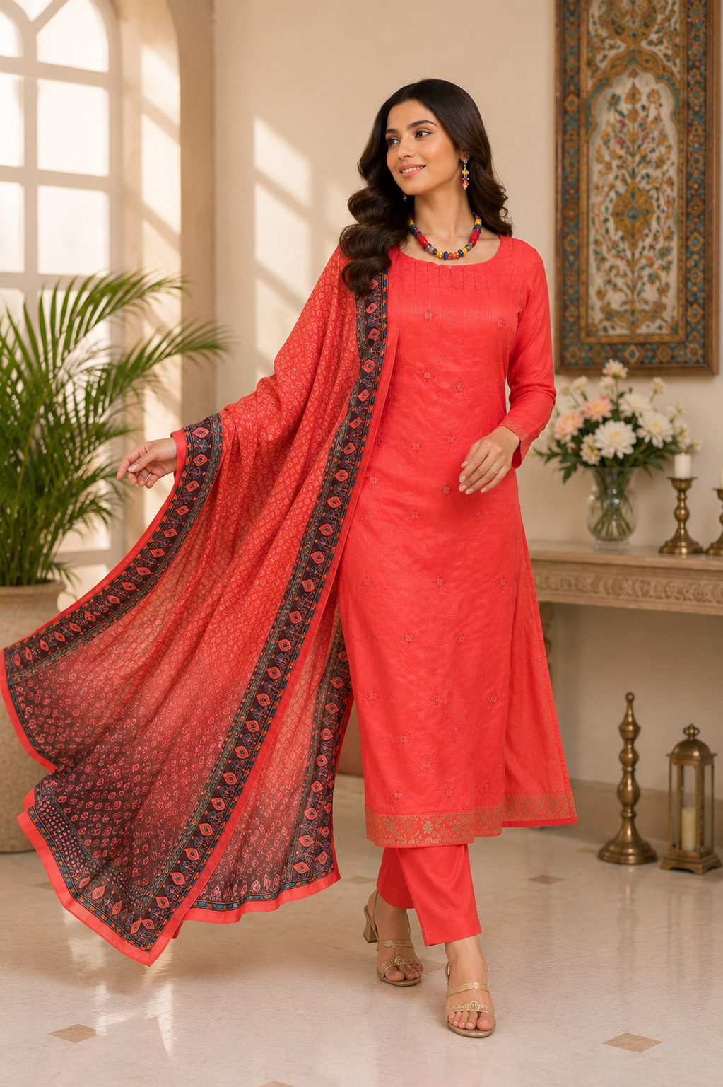Muslin silk self embroidered designer classy suit