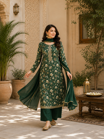Designer muslin semi stitched classy self weaving embroidered suit