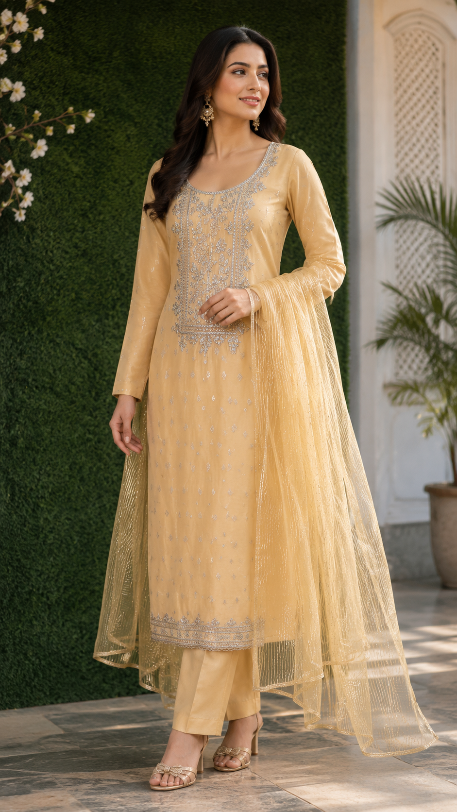 Modal silk golden shade jaquard weaving suit