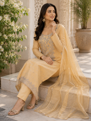 Modal silk golden shade jaquard weaving suit