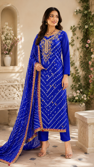 Jaipuri bandhej silk royal blue gotta patti work suit