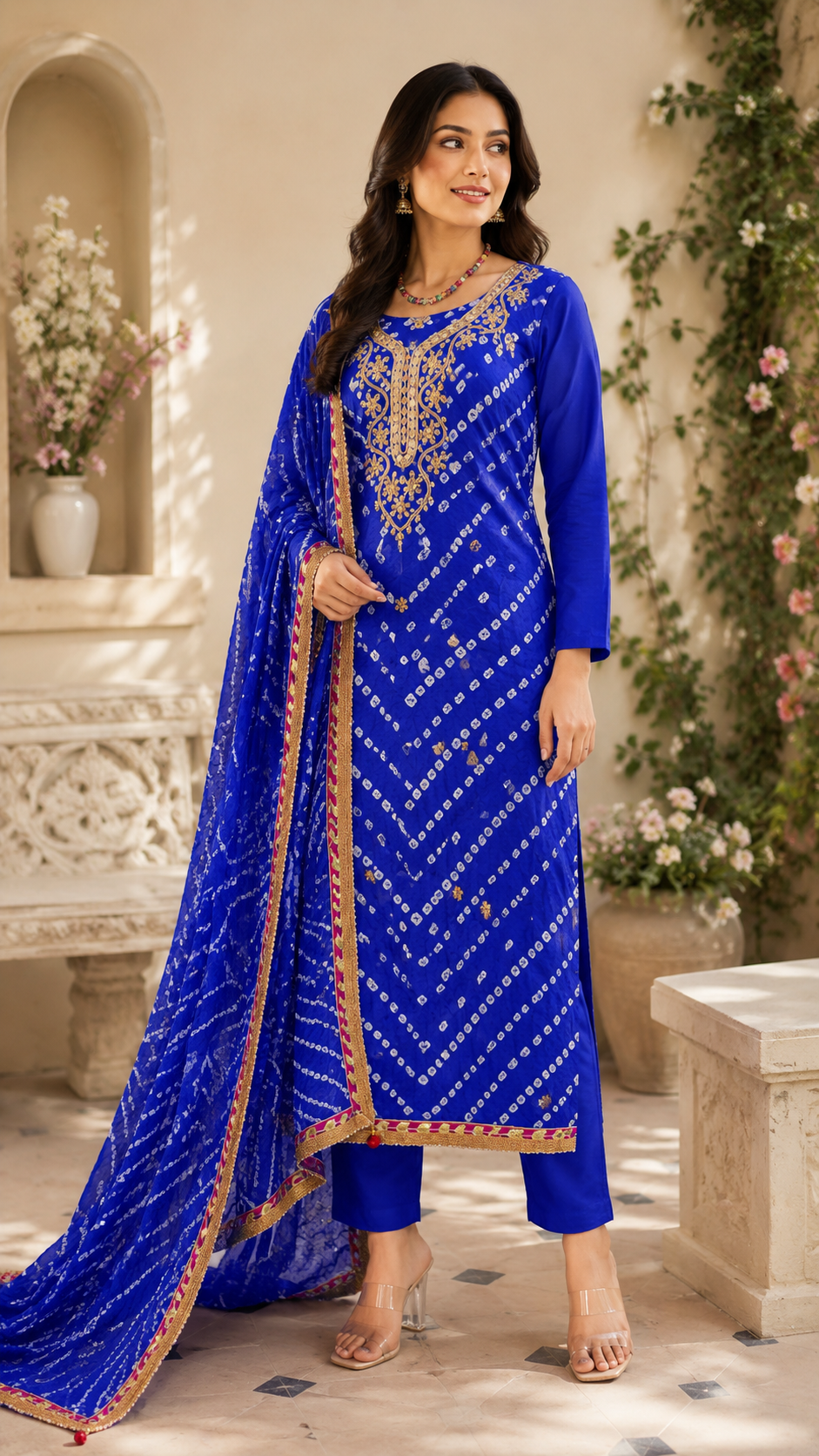 Jaipuri bandhej silk royal blue gotta patti work suit