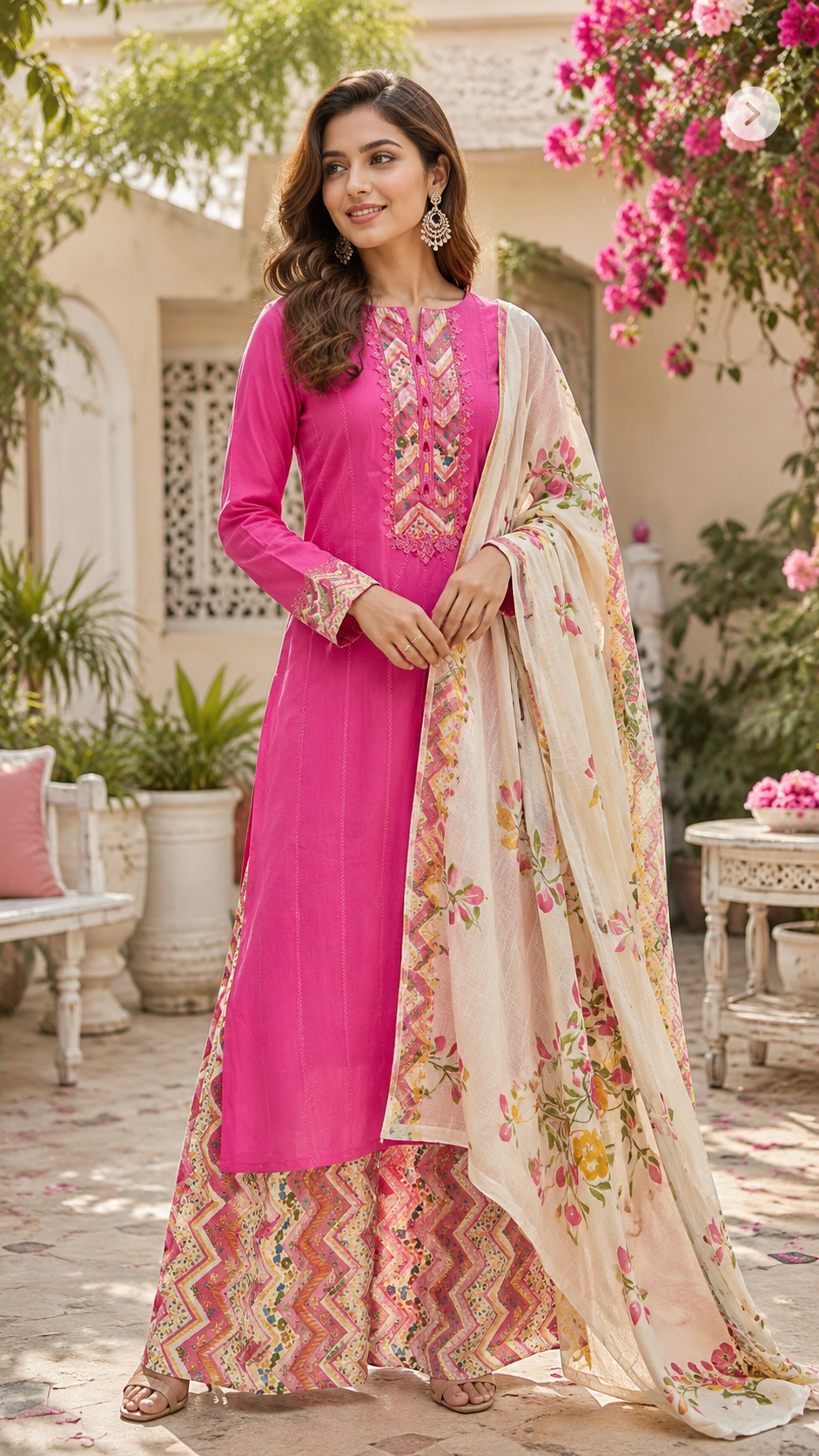 Pure cotton embroidered suit with print bottom