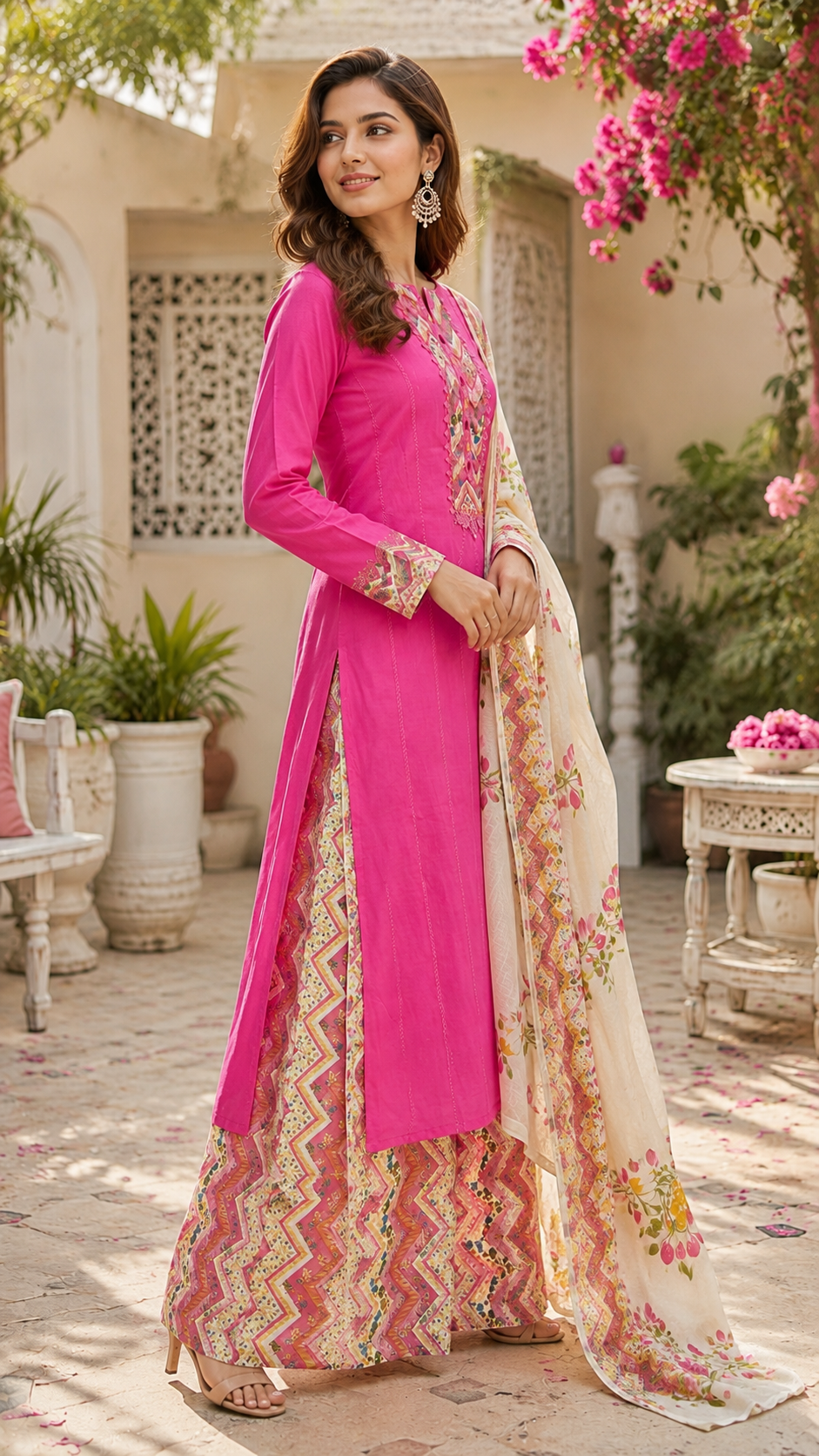 Pure cotton embroidered suit with print bottom