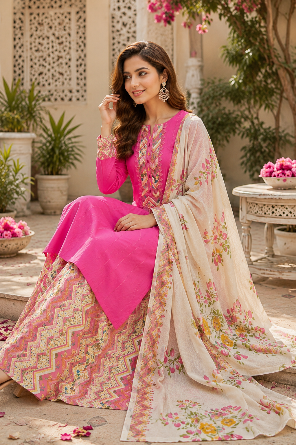 Pure cotton embroidered suit with print bottom