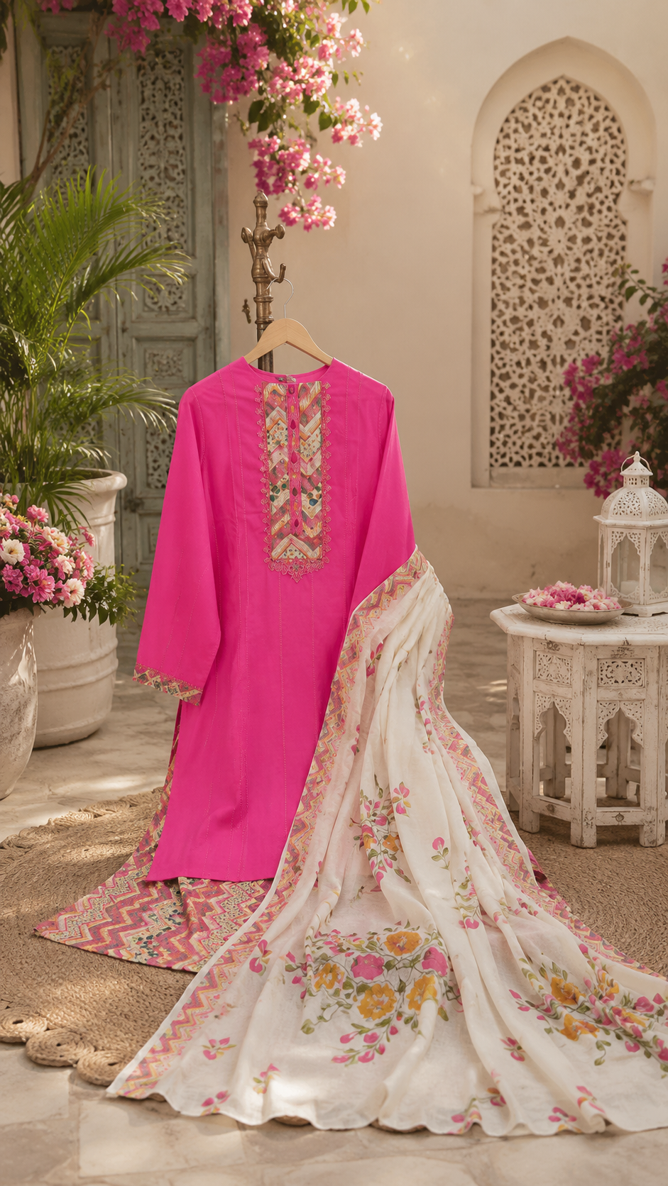 Pure cotton embroidered suit with print bottom