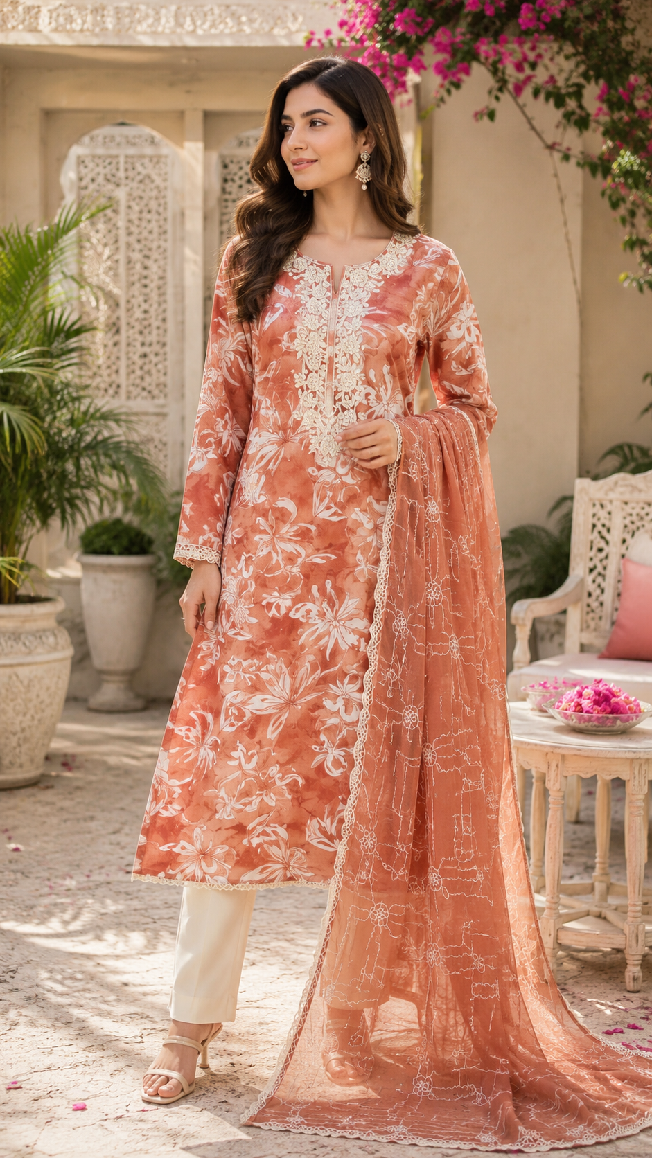 Pure cotton print suit with embroidery / chiffon embroidered dupatta