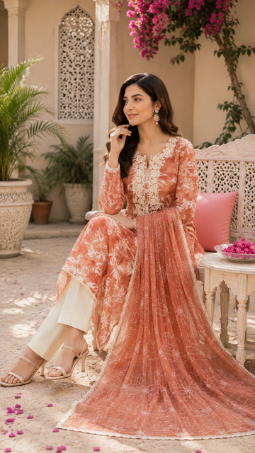 Pure cotton print suit with embroidery / chiffon embroidered dupatta