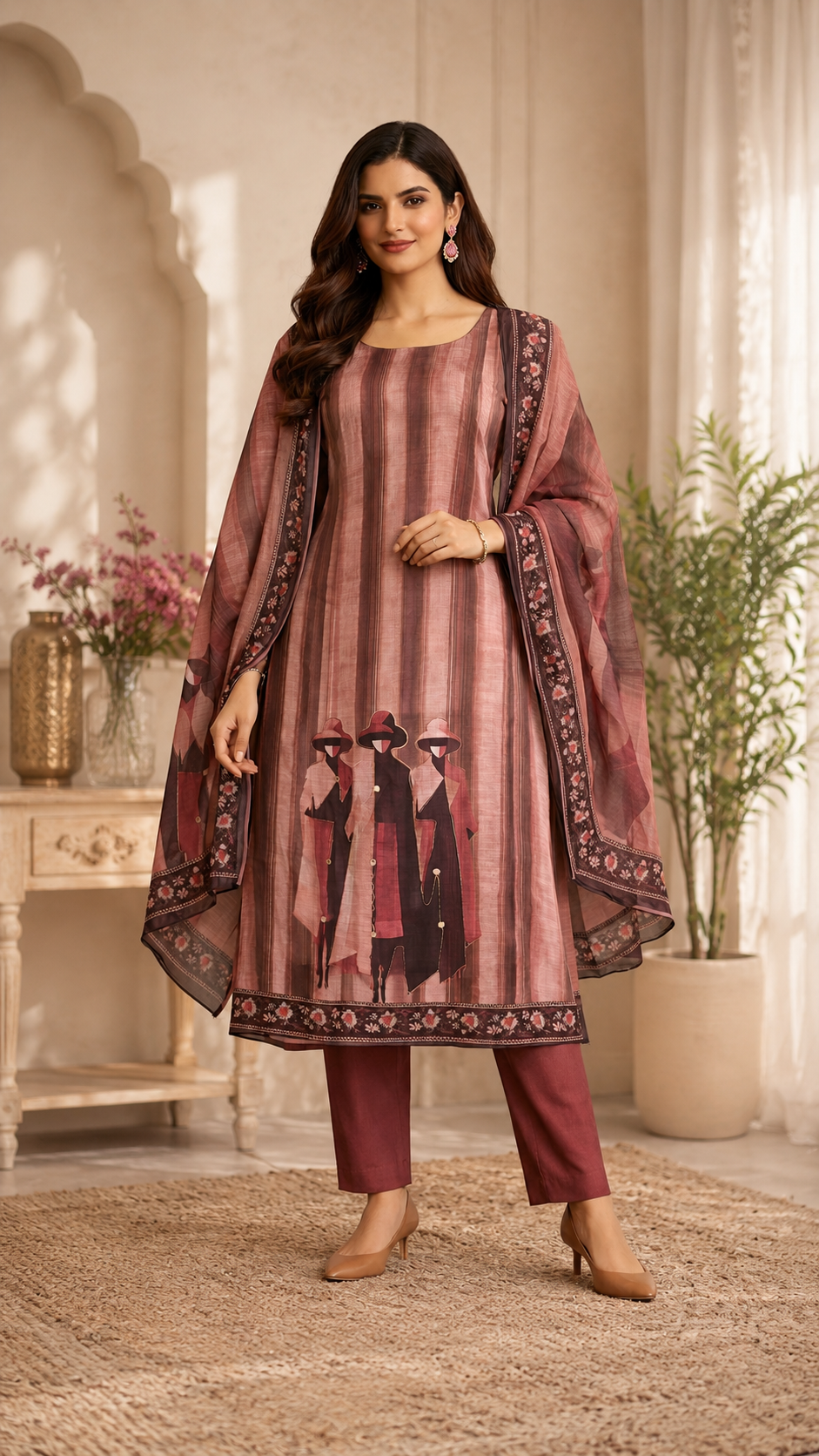 Pure trending linen cotton designer figure print suit