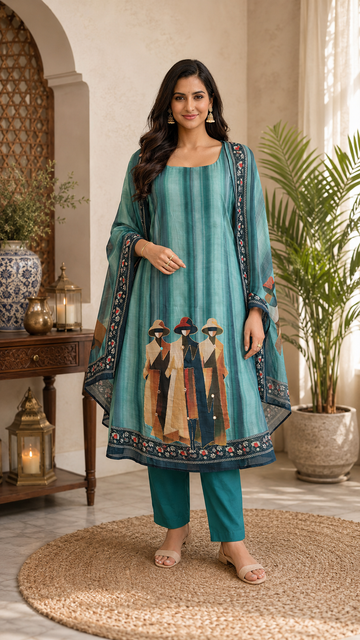Pure trending linen cotton designer figure print suit