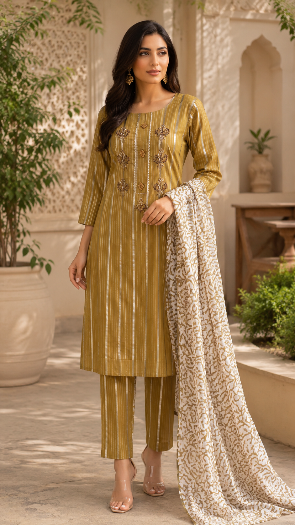 Cottom shimmer  weaving kurti , bottom and dupatta set