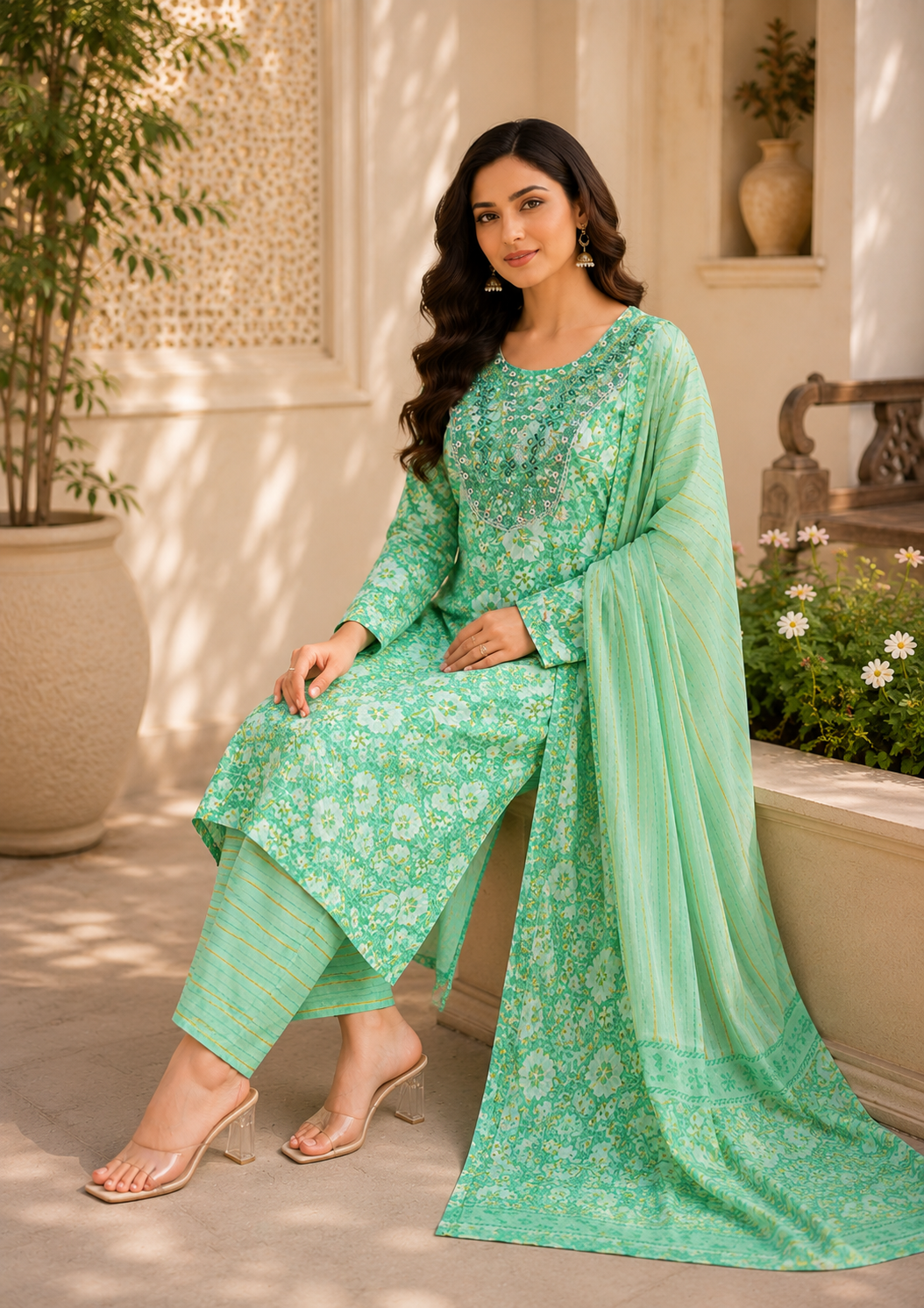 Pure cotton cool summerish shade kurti, bottom and dupatta set