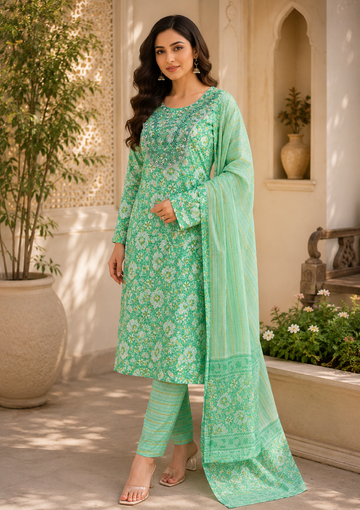 Pure cotton cool summerish shade kurti, bottom and dupatta set